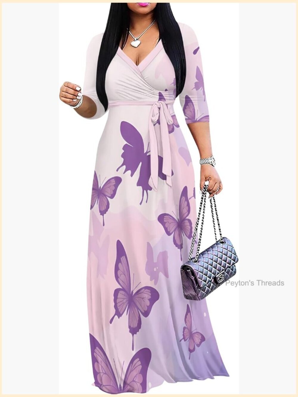 Plus Size Maxi Dress V-Neck 3/4 Sleeve Wrap Dress with Belt Flowy Long Dress
